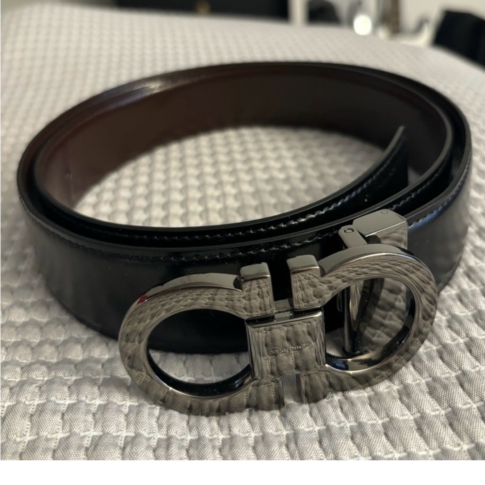 Salvatore Ferragamo Black Leather Belt with Double Gancini Buckle